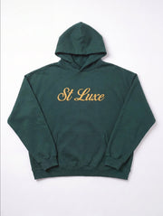 ST LUXE Oversized Hoodie – Deep Forest Green with Gold Typographic Logo
