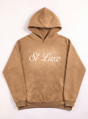 ST LUXE Oversized Washed Hoodie – Camel with Beige Typographic Logo