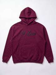 ST LUXE Oversized Hoodie – Burgundy with Black Typographic Logo