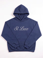 ST LUXE Oversized Hoodie – Navy with Light Grey Typographic Logo