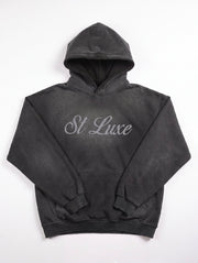ST LUXE Oversized Washed Hoodie – Black with Light Grey Typographic Logo