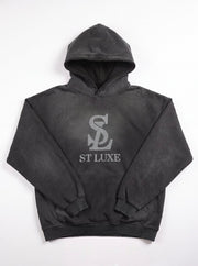 ST LUXE Oversized Washed Hoodie – Black with Light Grey Logo