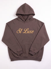 ST LUXE Oversized Hoodie – Coffee Brown with Gold Typographic Logo